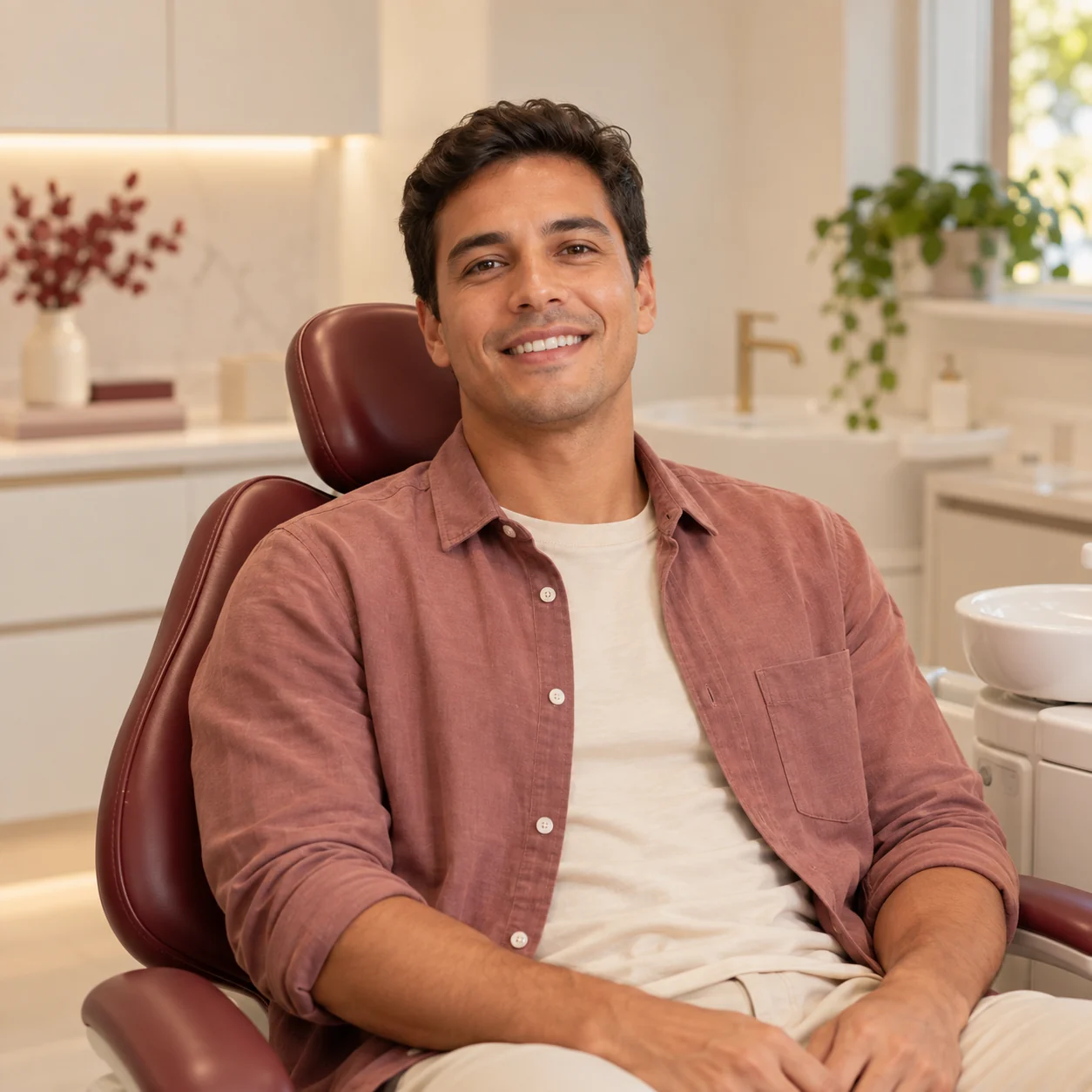 Homem sentado confortavelmente em cadeira odontológica, sem procedimento em andamento — imagem ilustrativa.