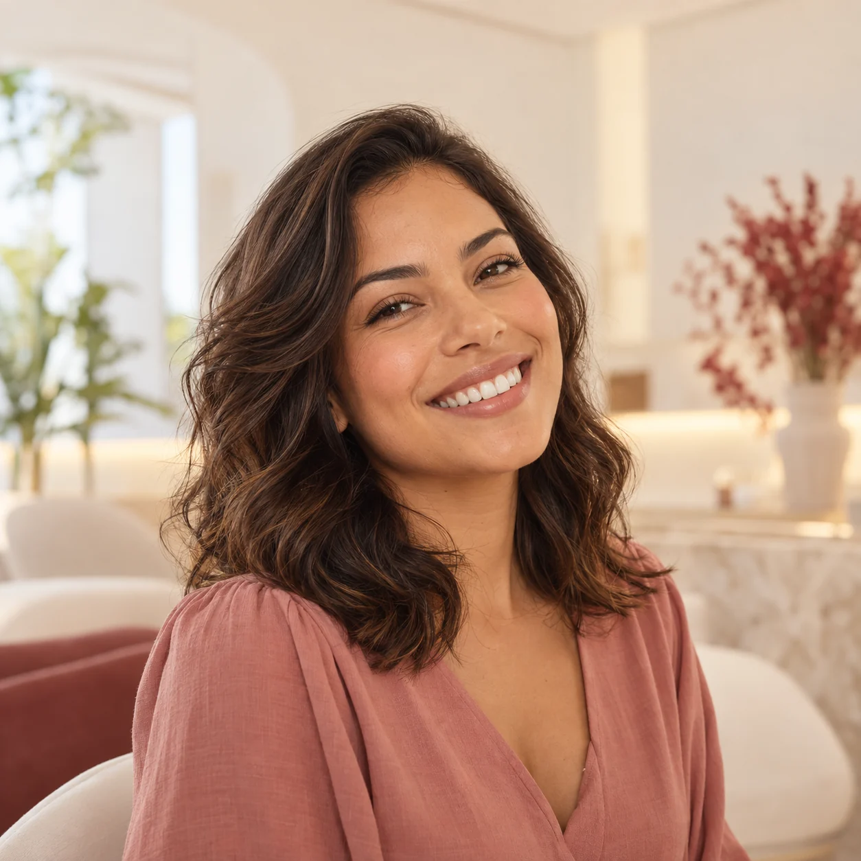 Mulher sorrindo com dentes de aparência natural — imagem ilustrativa sobre clareamento dental.