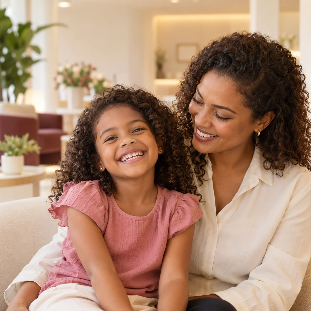 Criança sorrindo ao lado da mãe em ambiente acolhedor — imagem ilustrativa sobre odontopediatria.