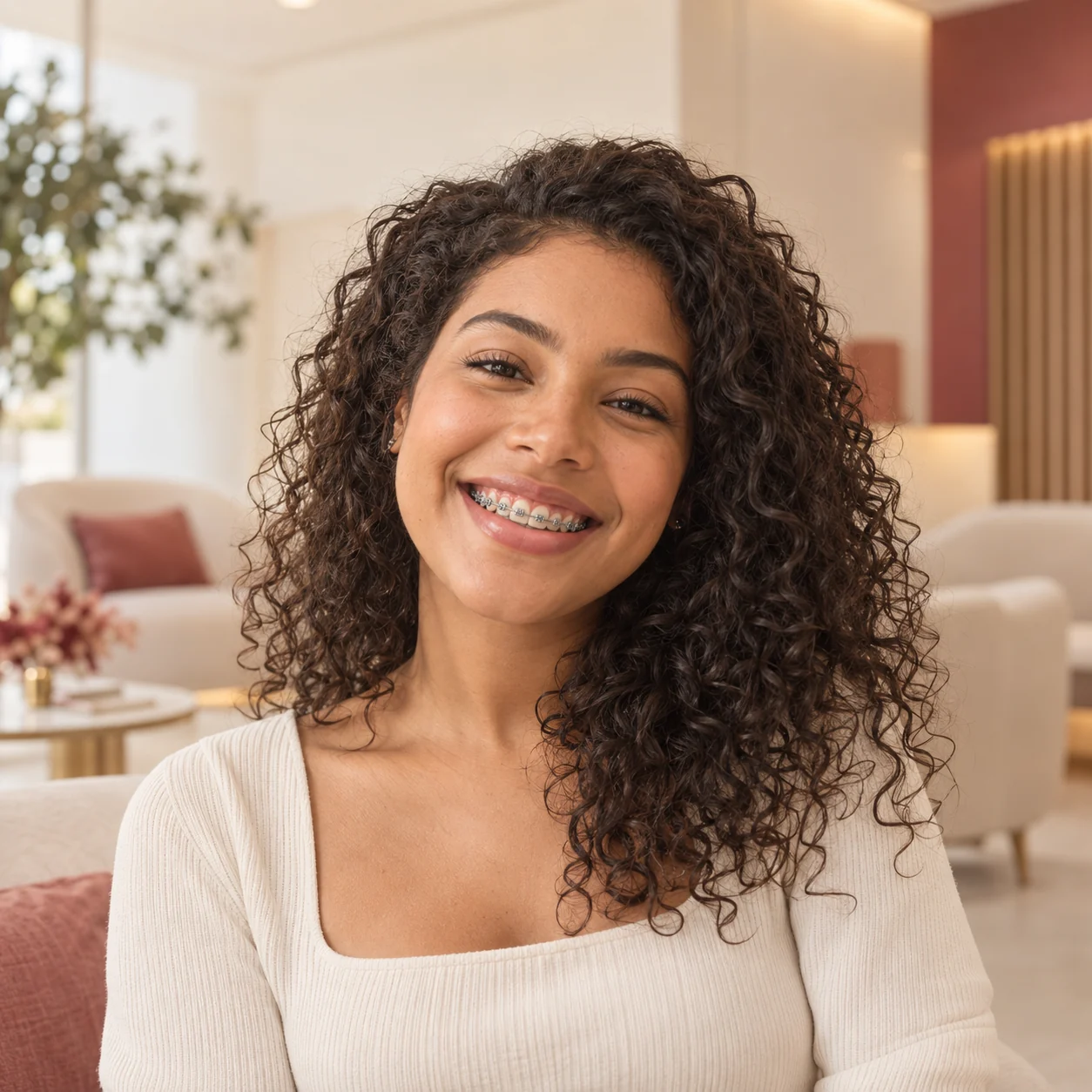 Jovem adulta sorrindo com aparelho ortodôntico — imagem ilustrativa.