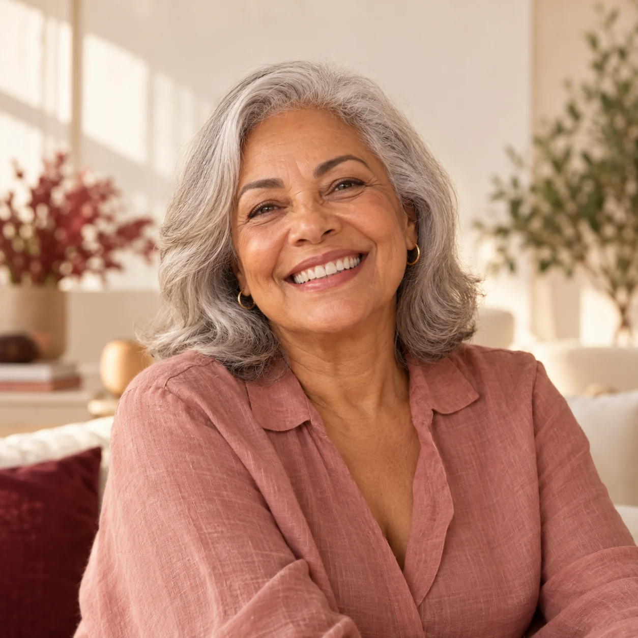 Mulher idosa com sorriso natural e confiante — imagem ilustrativa sobre prótese dentária.