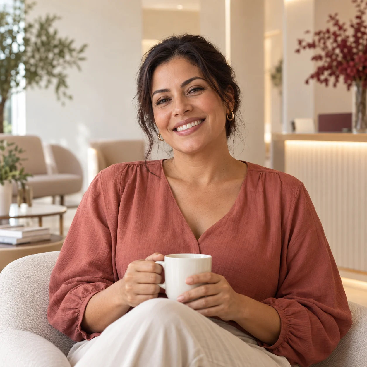 Mulher sorrindo em um momento de tranquilidade — imagem ilustrativa sobre cuidado e preservação dos dentes.